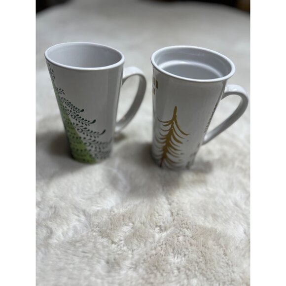 Starbucks Holiday Tree Mug Set Of two 12oz Ceramic Coffee Mugs Gold & Green Desi - Picture 6 of 9